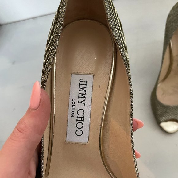 Jimmy Choo Peep Toe Pumps Sz 36.5 Gold Glitter High Stiletto Heels - Picture 4 of 11